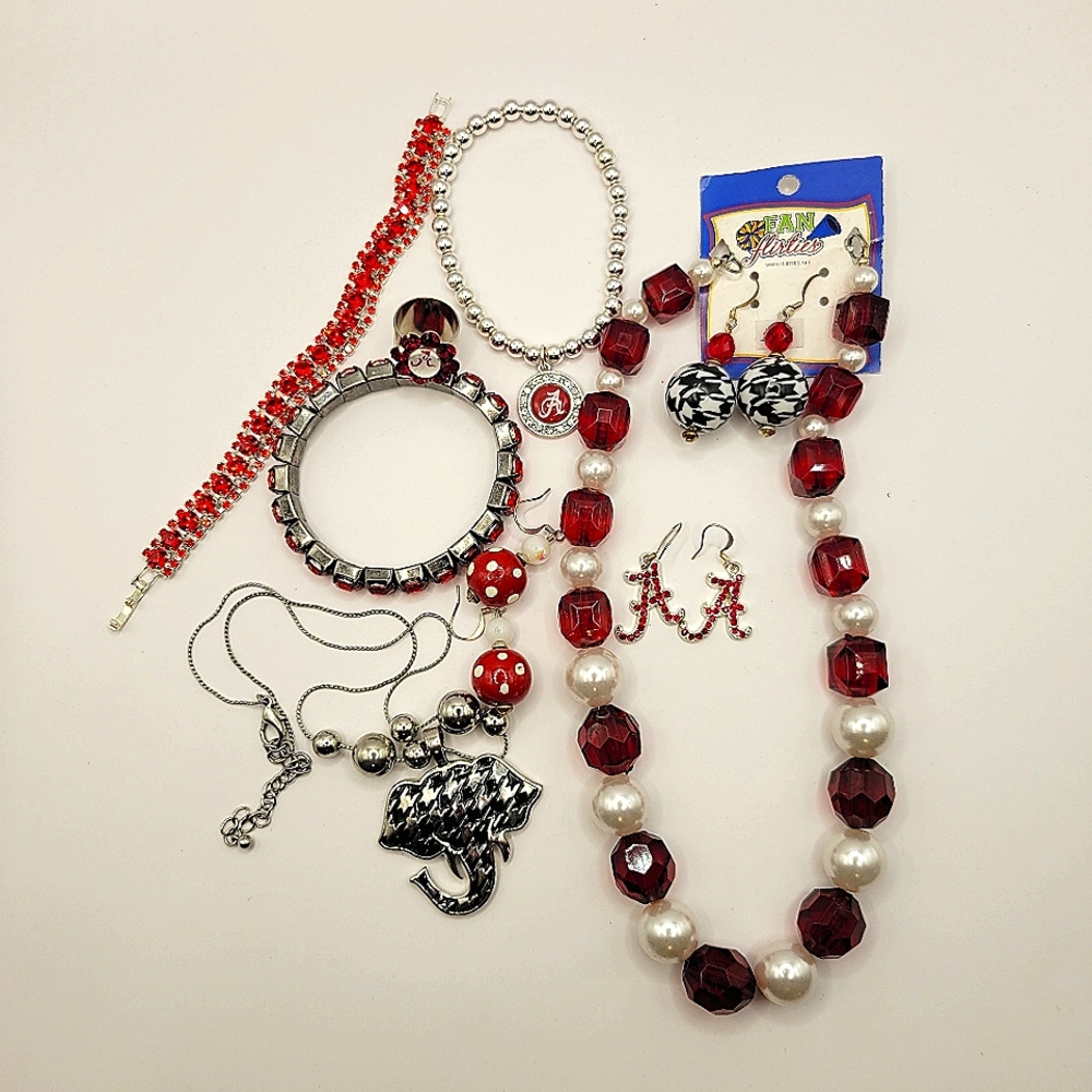 Alabama University Roll Tide Houndstooth Red White Black Silver Jewelry Lot - Picture 2 of 16